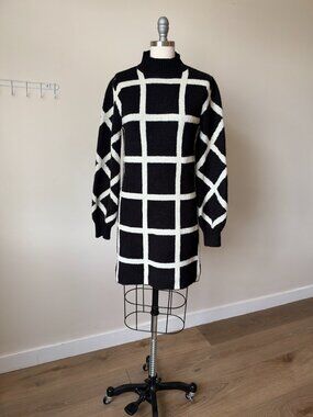 Lost & Wander Windowpane Sweater Dress | Black White Grid Knit